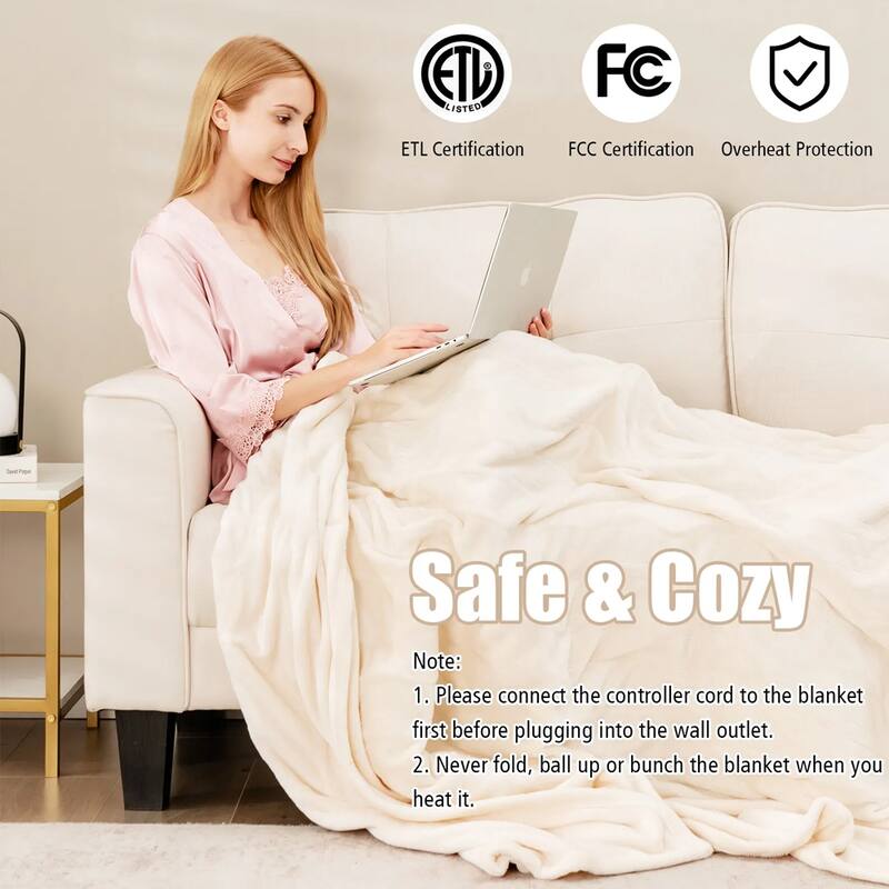 62" x 84" Electric Heated Blanket W/ Overheat Protection Beige Bed